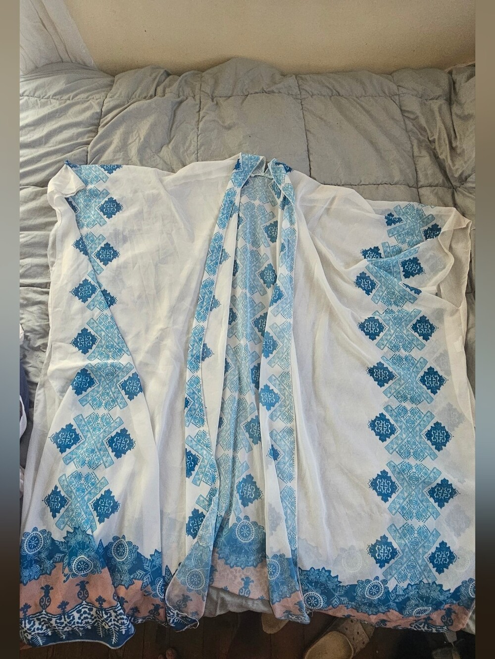 White Kimono with Blue Geometric Embroidery